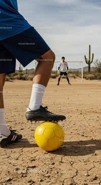 Soccer Match on a Desert Field with Yellow Ball
