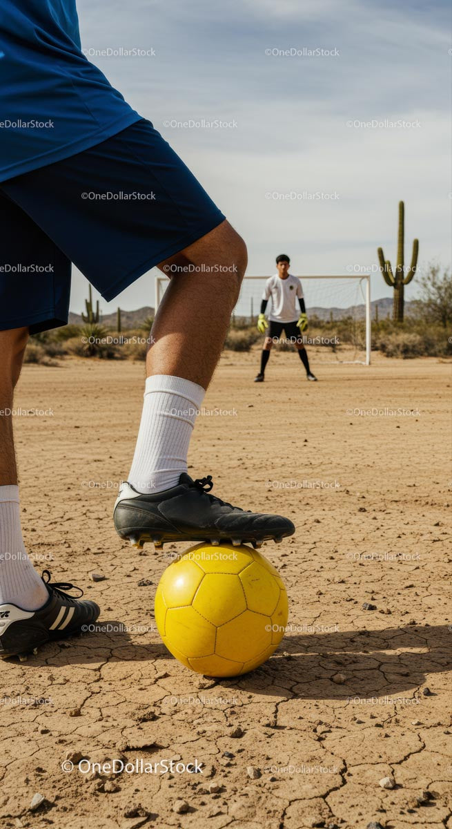 Soccer Match on a Desert Field with Yellow Ball