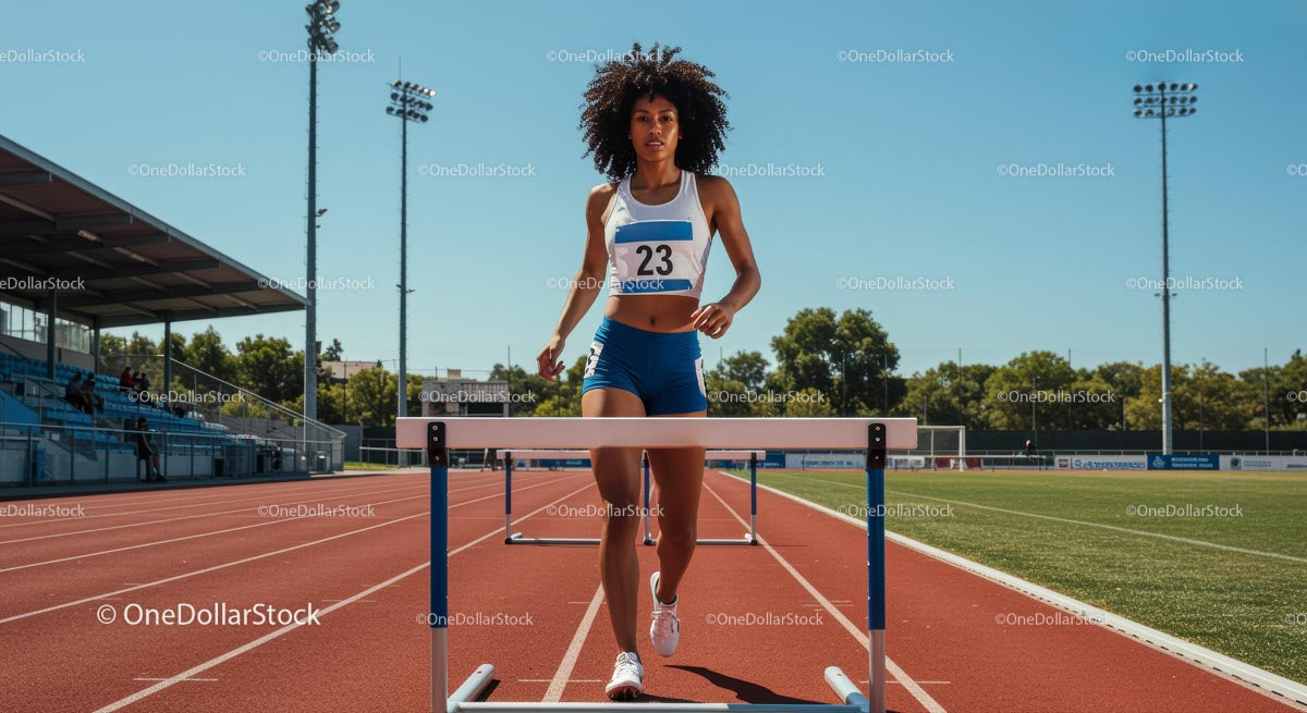 Female Athlete Hurdling on Outdoor Stadium Track