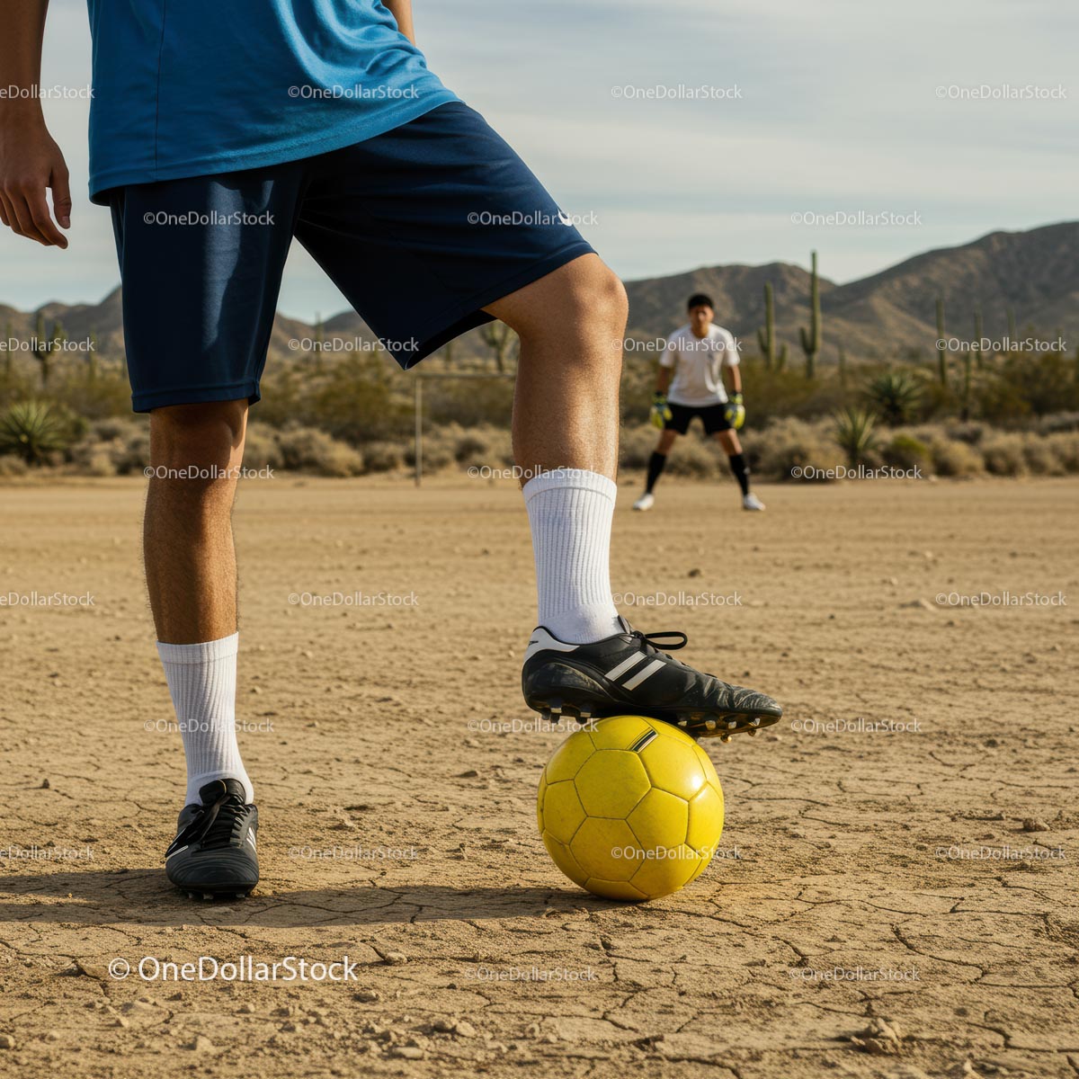 Soccer Training in a Desert Landscape with Yellow Ball