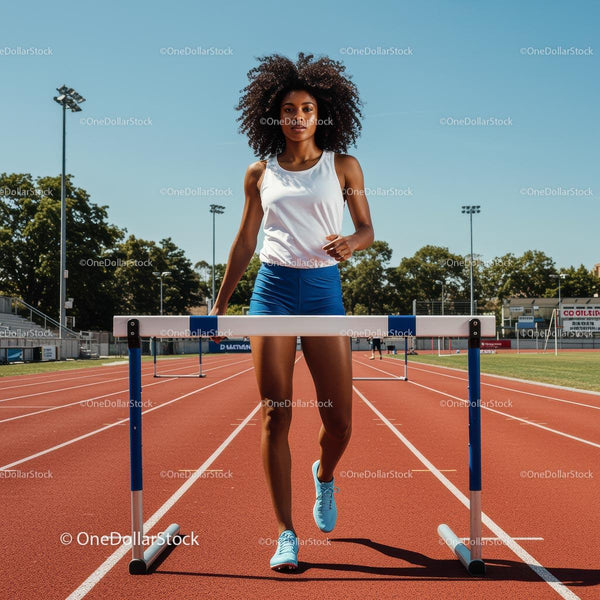 Athletic Woman Training on Outdoor Track with Hurdles