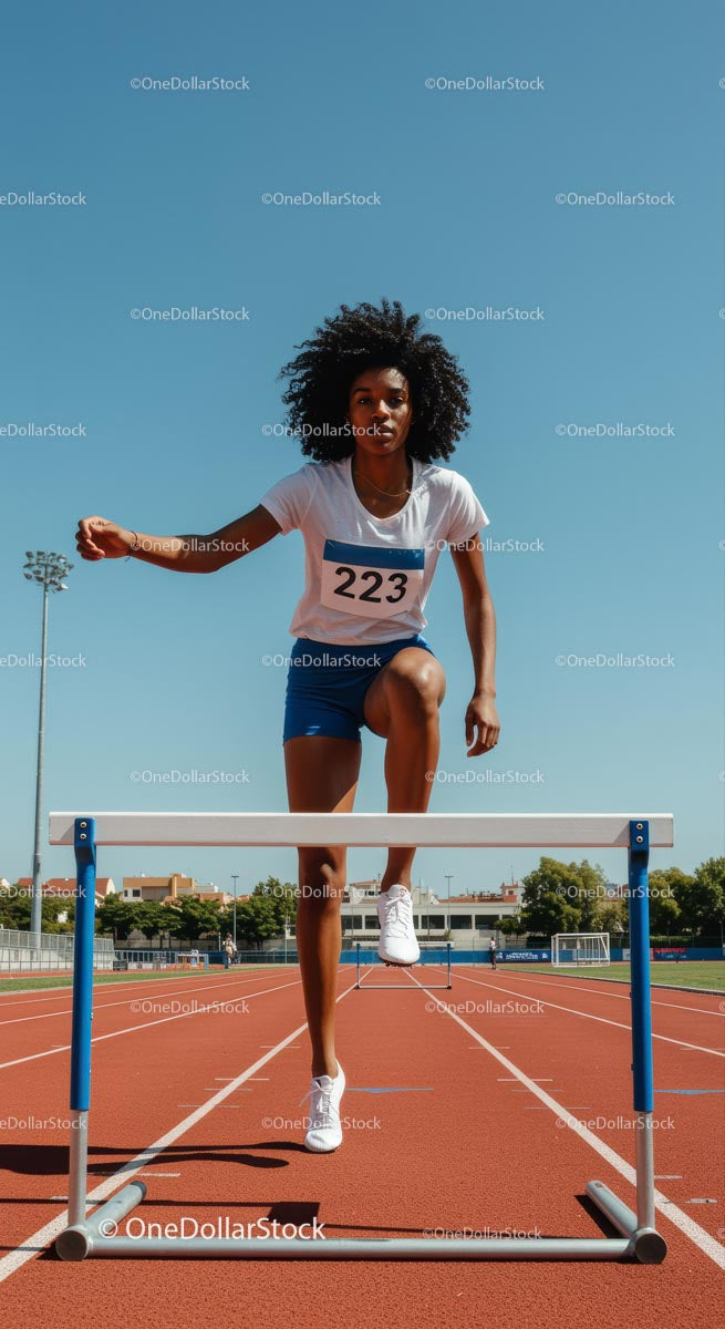 Athletic Woman Jumping Hurdle on Track
