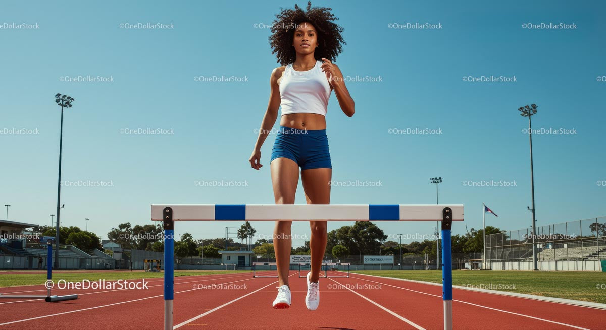 Female Athlete Hurdling at Outdoor Track