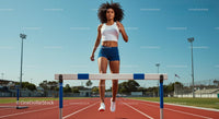 Female Athlete Hurdling at Outdoor Track