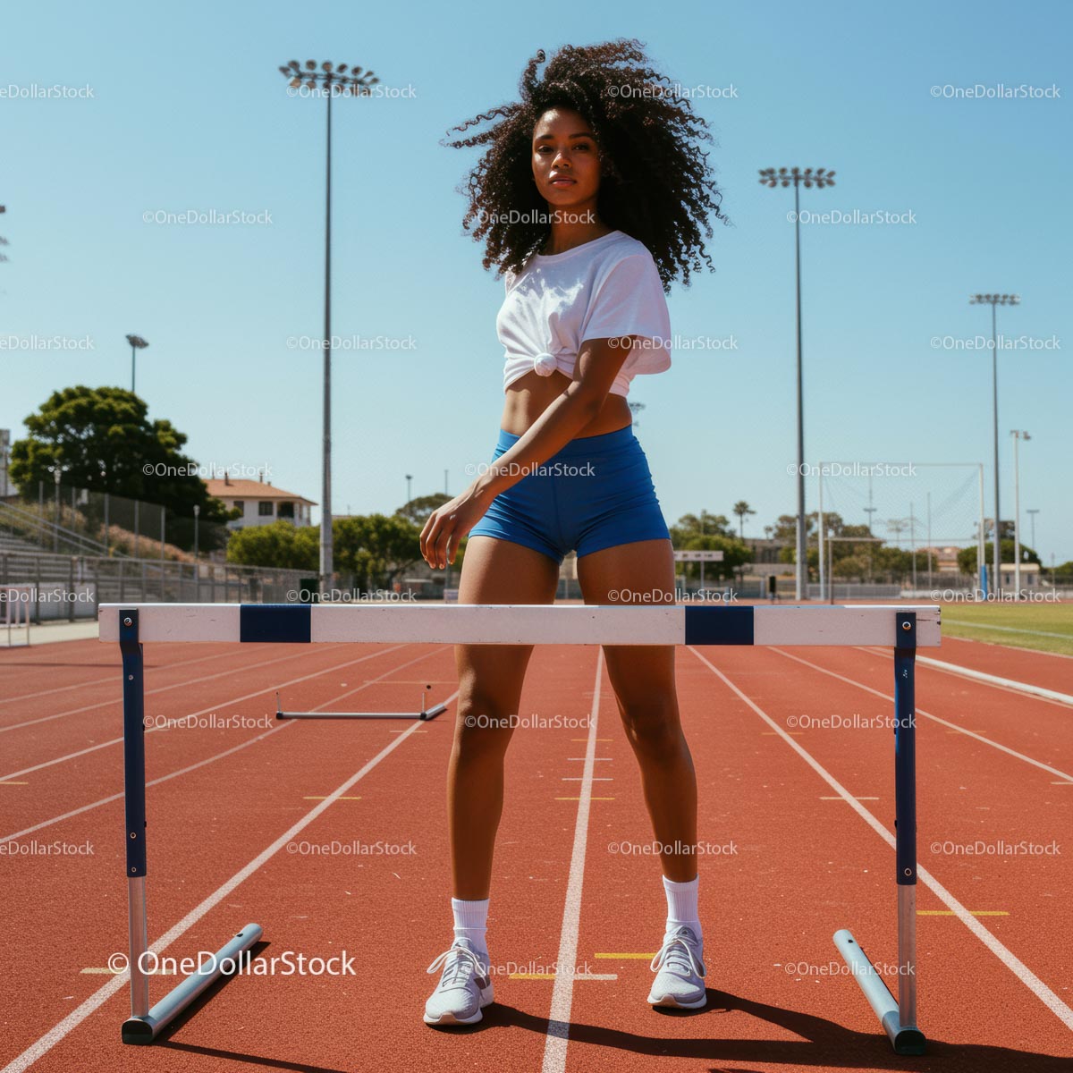 Athletic Woman Training on Outdoor Track with Hurdles