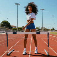 Athletic Woman Training on Outdoor Track with Hurdles