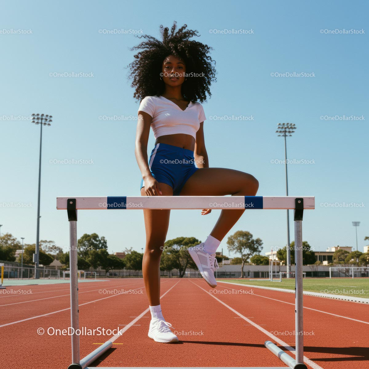 Young Athlete on Track Preparing for Hurdles Under Clear Sky
