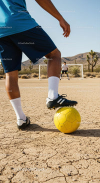 Soccer Training on Desert Field with Yellow Ball