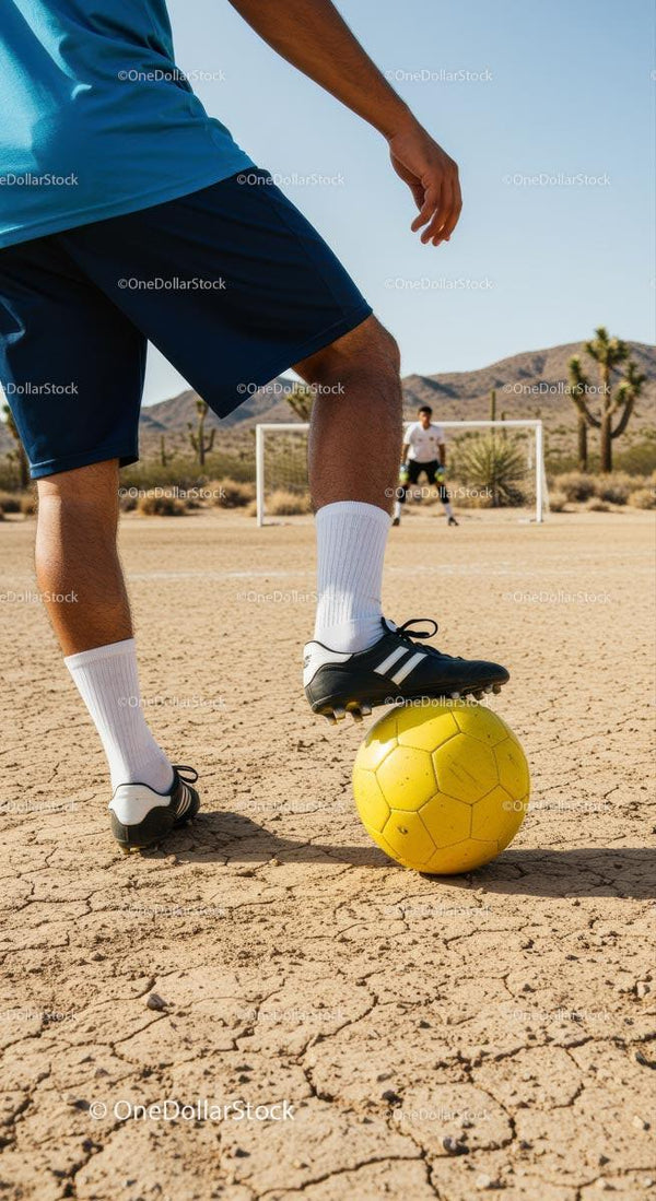 Soccer Training on Desert Field with Yellow Ball