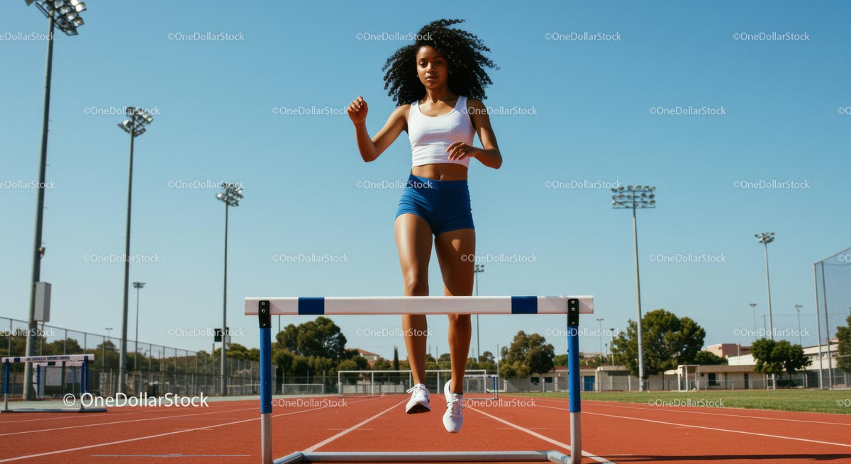 Female Athlete Hurdling on a Sunny Day Track