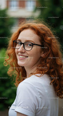 Smiling Woman with Red Curly Hair and Glasses in Nature