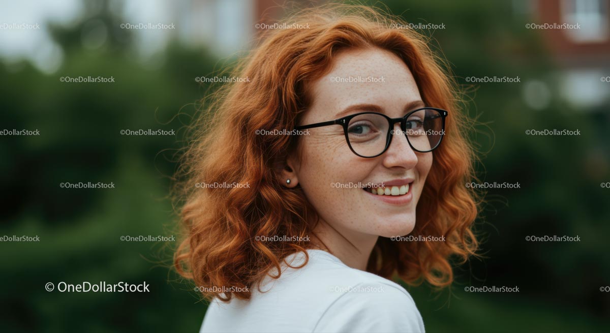 Uśmiechnięta rudowłosa kobieta w okularach w miejskim krajobrazie