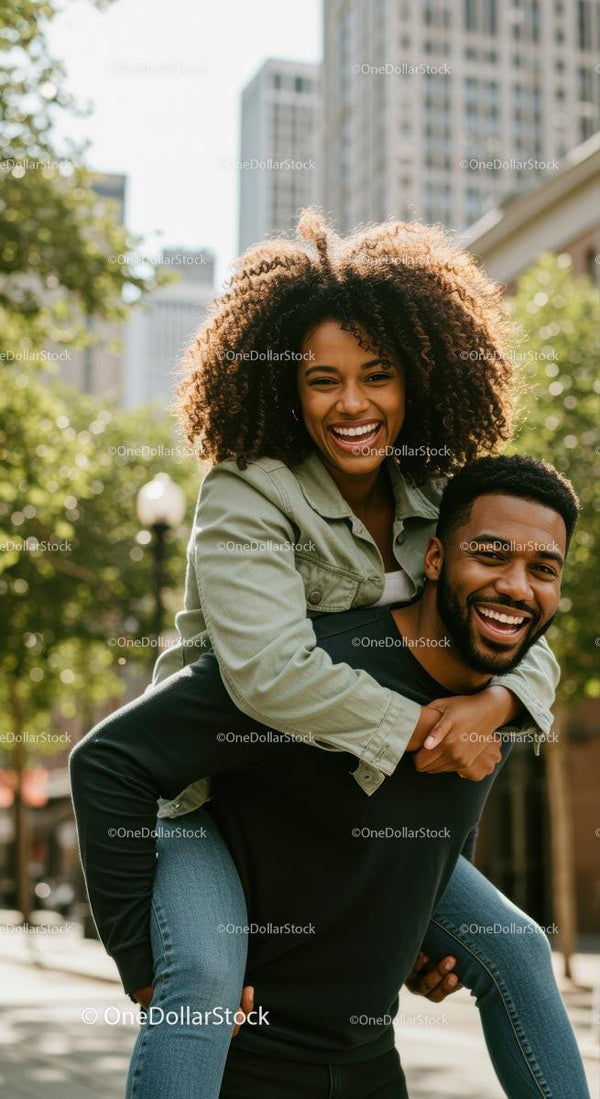 Joyful Couple Enjoying Piggyback Ride in the City