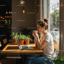 Woman Enjoying Coffee and Working in a Cozy Cafe