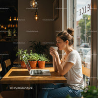 Woman Enjoying Coffee and Working in a Cozy Cafe