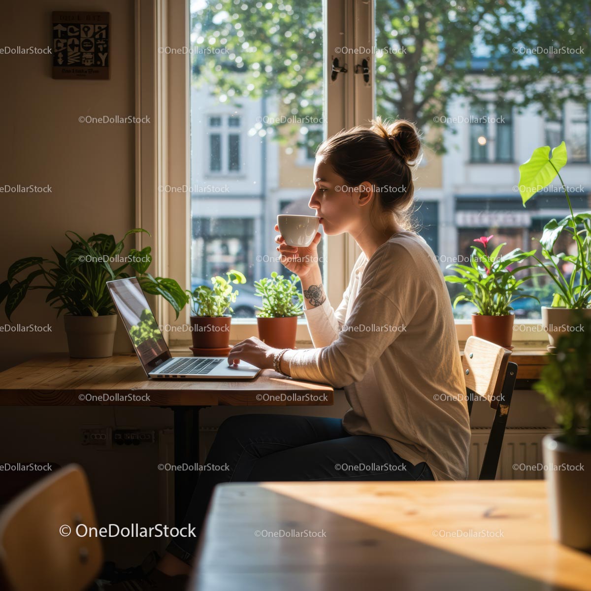Kobieta pije kawę pracując na laptopie z roślinami