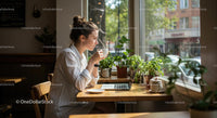 Woman Enjoying Coffee and Laptop in a Cozy Café