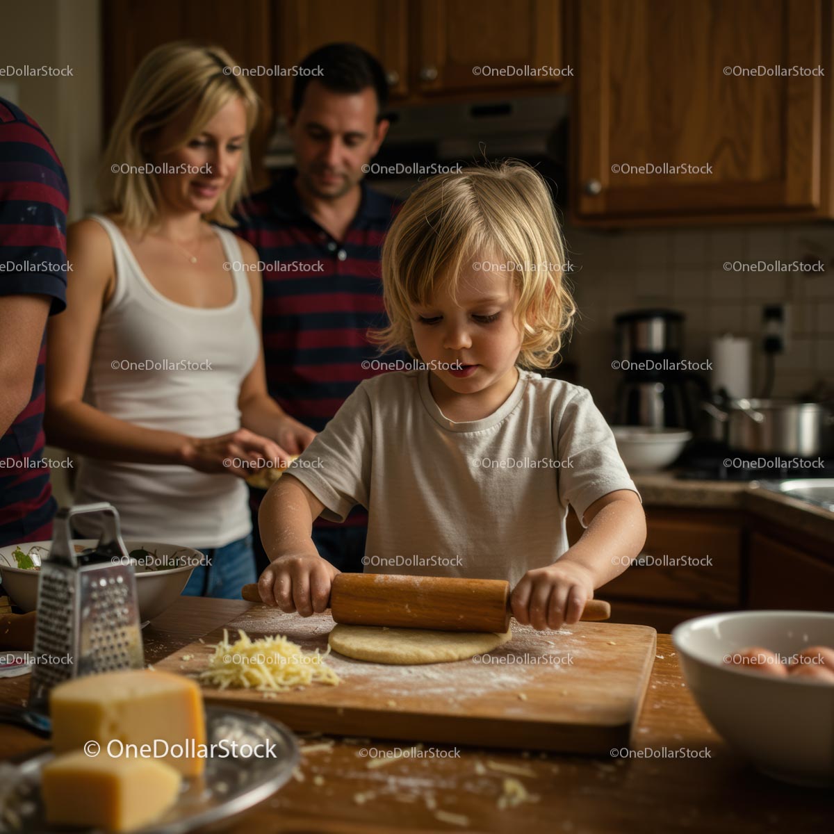 Blond Child Rolling Dough in Cozy Family Kitchen