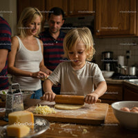 Blond Child Rolling Dough in Cozy Family Kitchen