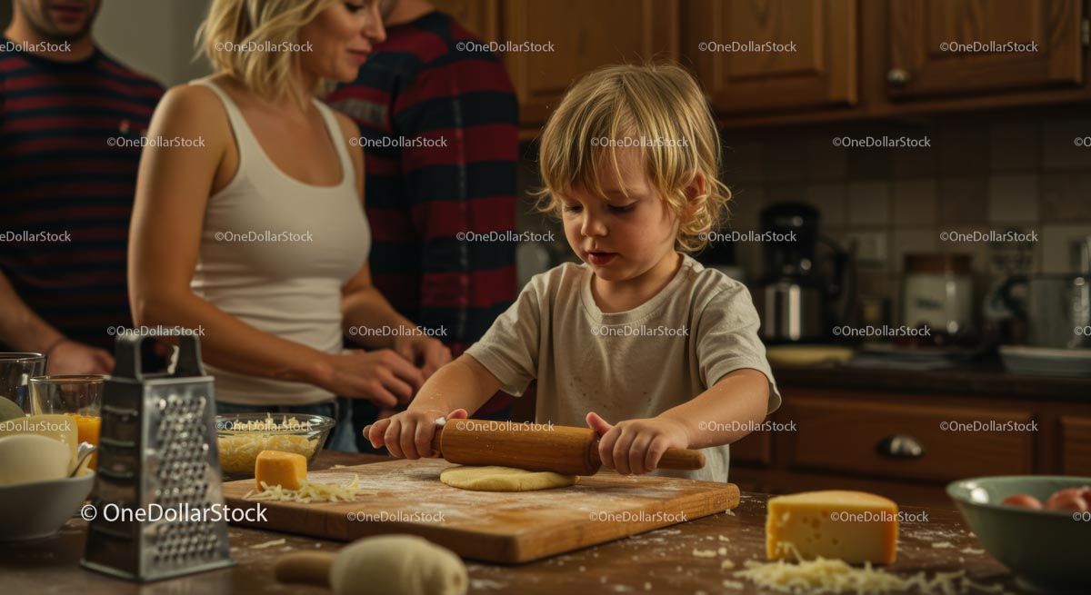 Blond Child Rolling Dough in Cozy Family Kitchen