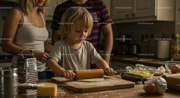 Dziecko wałkujące ciasto na domową pizzę w kuchni rodzinnej