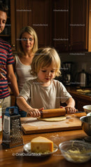 Child Learning to Bake with Parents in Cozy Kitchen