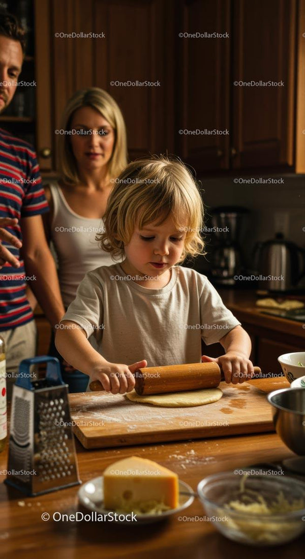 Child Learning to Bake with Parents in Cozy Kitchen