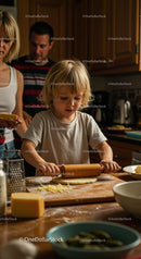 Child Rolling Dough with Family in Warm Kitchen Setting