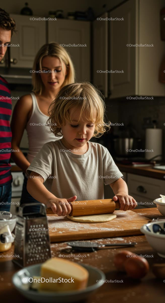 Child Rolling Dough with Family in Cozy Kitchen