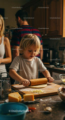 Child Rolling Dough in Family Kitchen