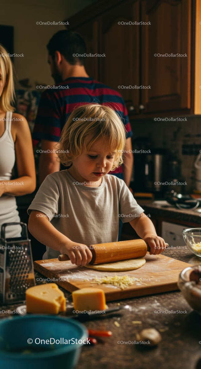 Child Rolling Dough in Family Kitchen