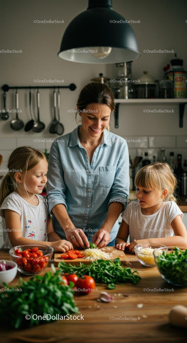 Mama i córki gotują ze świeżymi warzywami