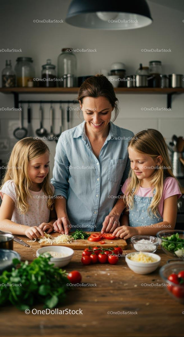 Mother and Daughters Cooking Together in Kitchen