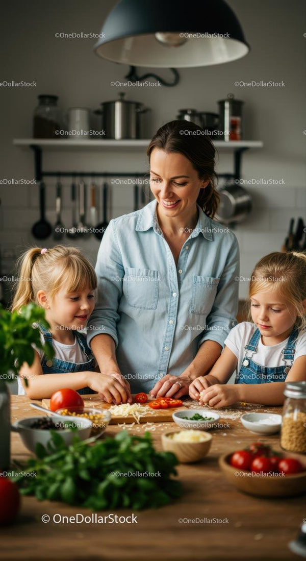Mama z córkami gotują razem w przytulnej kuchni