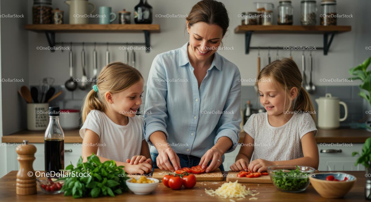 Mother and Daughters Cooking Together with Fresh Vegetables