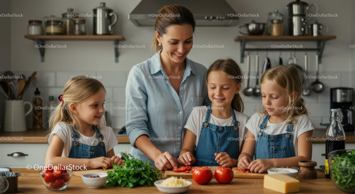 Mother and Daughters Enjoy Family Cooking Time Together