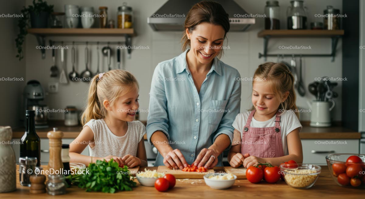 Family Cooking Together with Fresh Ingredients