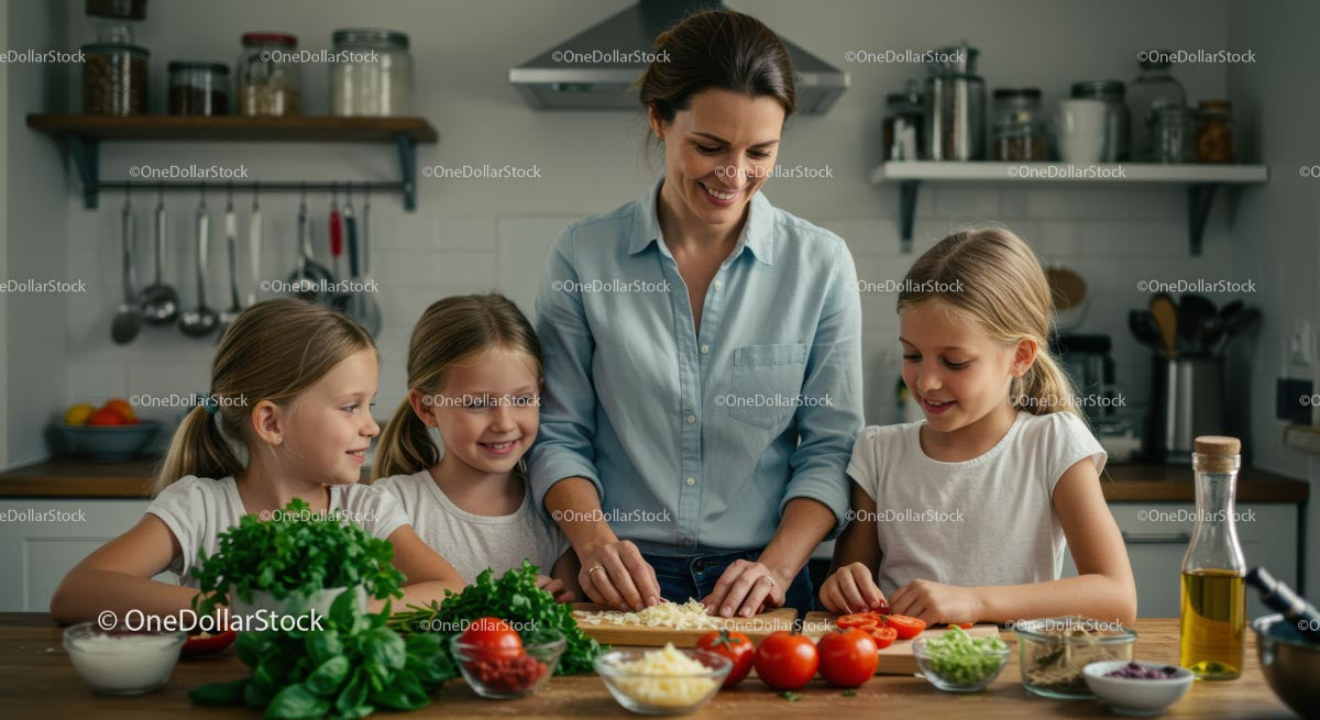 Mother and Daughters Cooking Together in the Kitchen