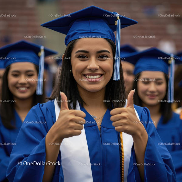 Joyful Graduates Celebrating in Blue Cap and Gown