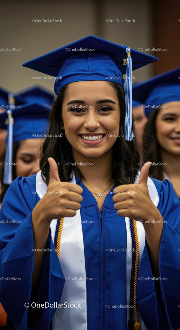 Cheerful Graduate Celebrating Success in Blue Cap and Gown