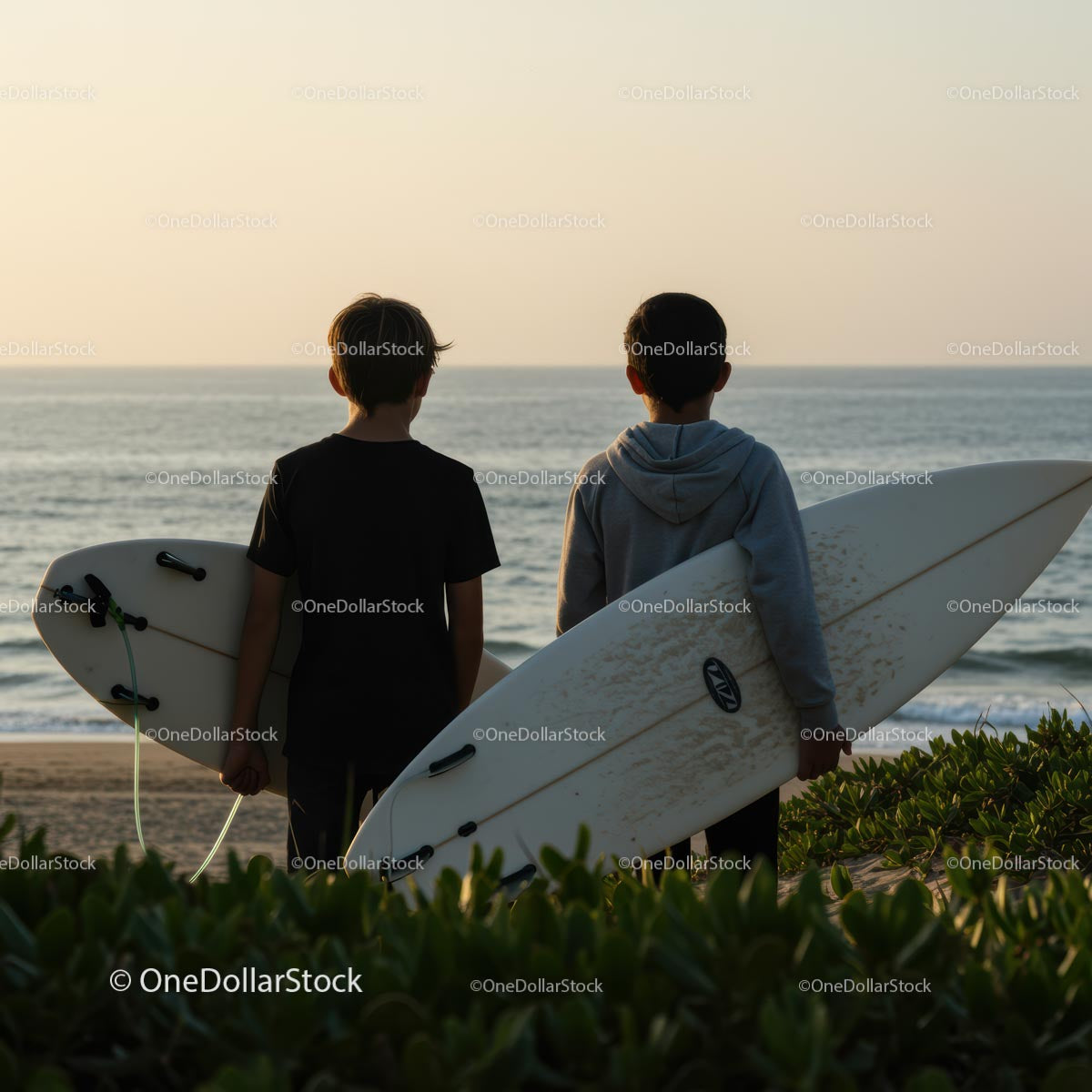 Two Surfers with Boards Watching Ocean Sunset