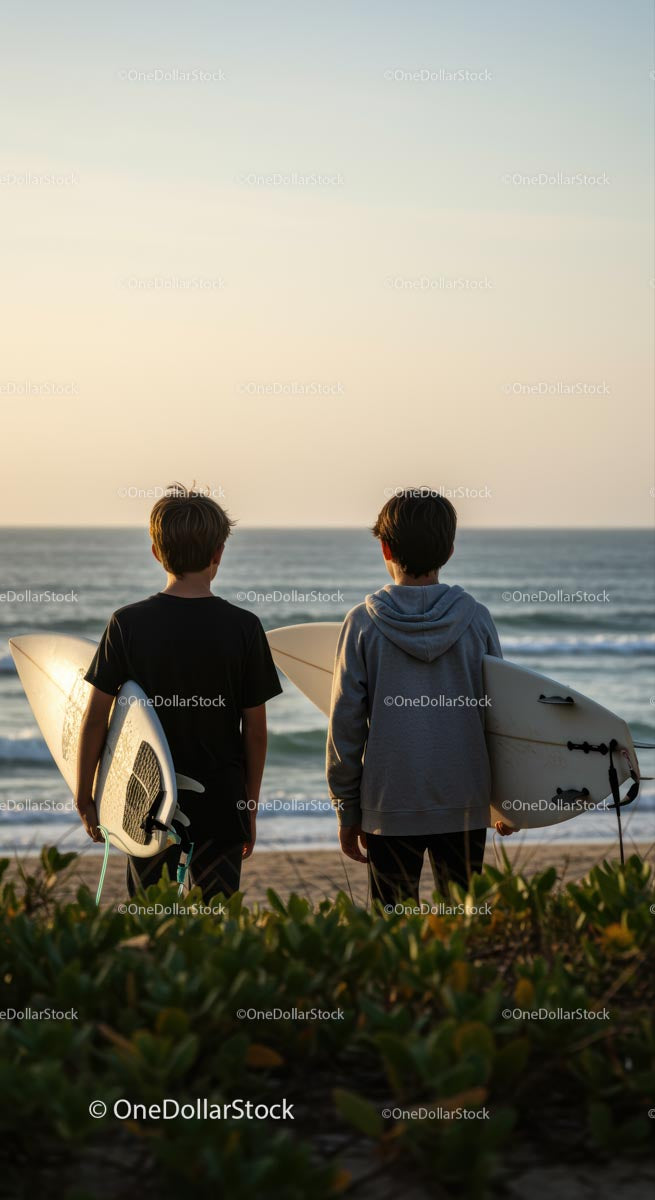 Two Friends with Surfboards at Sunset Beach