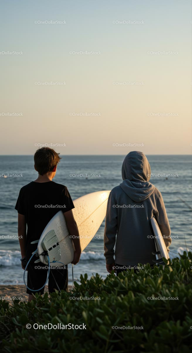Surfers at Sunset with Surfboards by the Ocean