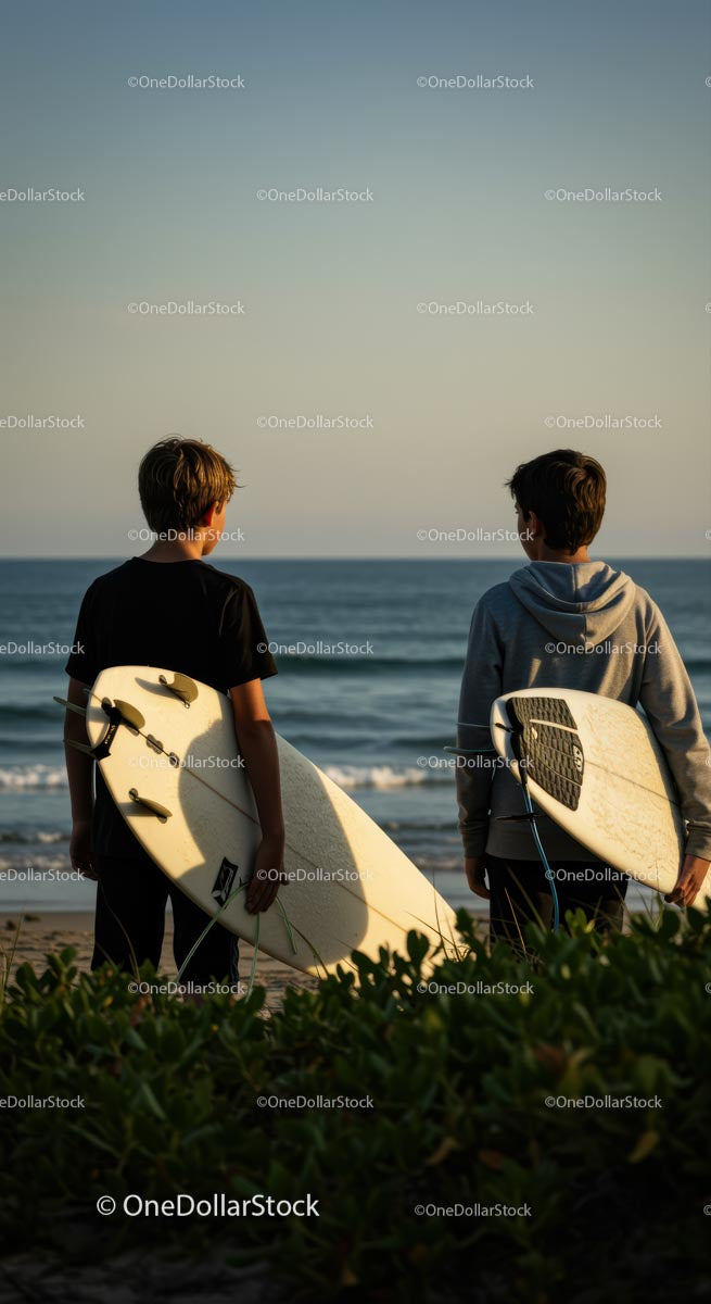 Two Surfers with Boards Facing Ocean at Sunset