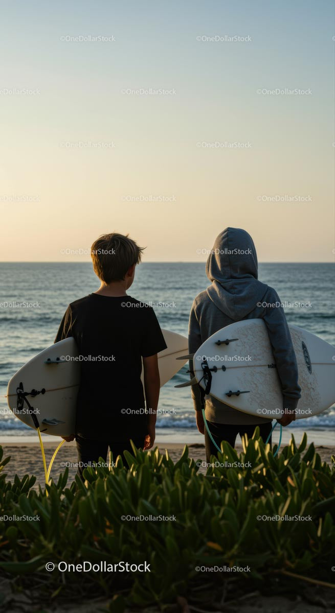 Two Boys with Surfboards at Sunset Beach
