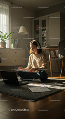 Focused Woman Studying with Laptop in Cozy Home Office