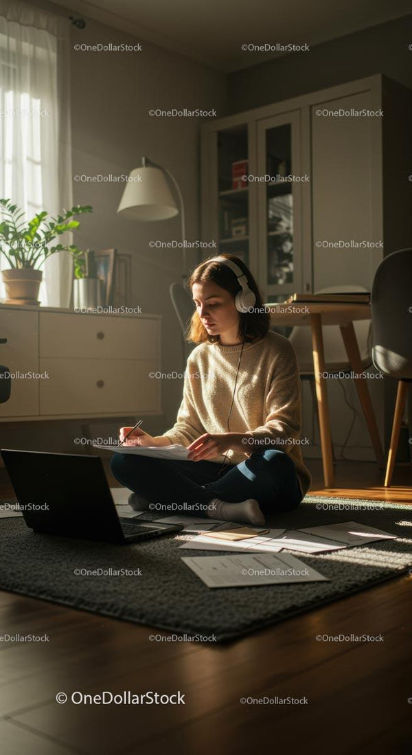 Skupiona kobieta ucząca się z laptopem w przytulnym domowym biurze