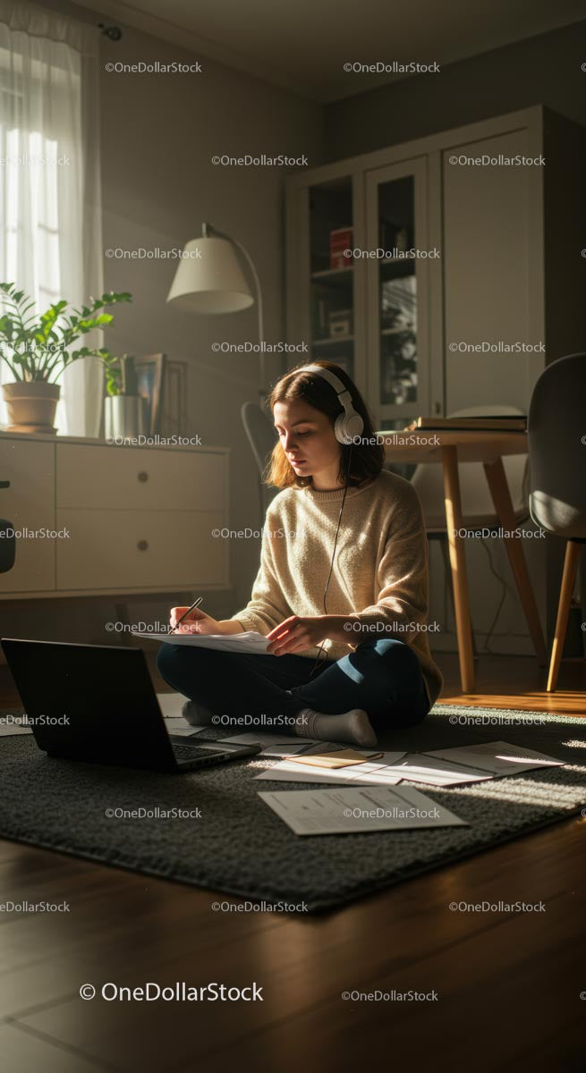 Skupiona kobieta studiująca z laptopem w przytulnym domowym biurze