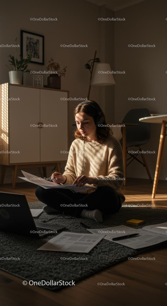 Młoda kobieta ucząca się w domu ze słuchawkami i papierami