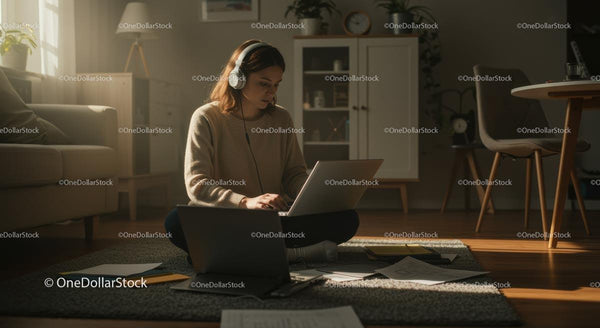 Młoda Kobieta Pracująca na Laptopie w Przytulnym Domowym Otoczeniu